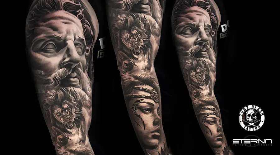 Brazo completo de tematica romana. Tatuaje Realizado por Tony Black en Eterna Tattoo