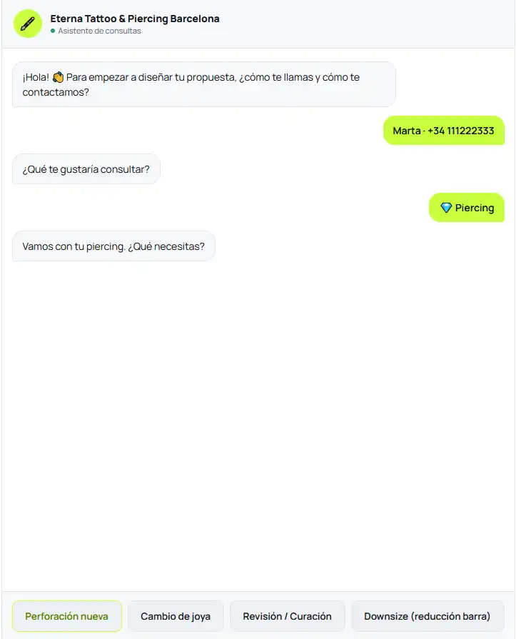 Pantalla de Chat claro para consultas de estudios de tatuajes y piercing