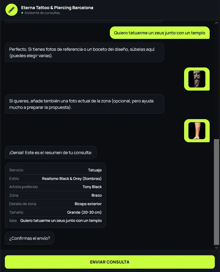 Pantalla de Chat oscuro para consultas de estudios de tatuajes y piercing