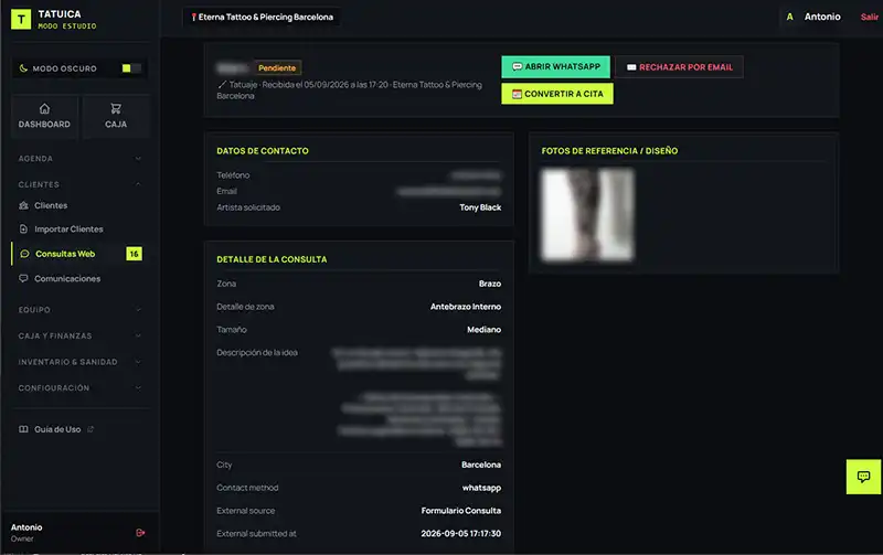 Ficha de cada consulta con toda la informacion y acciones a ejecutar