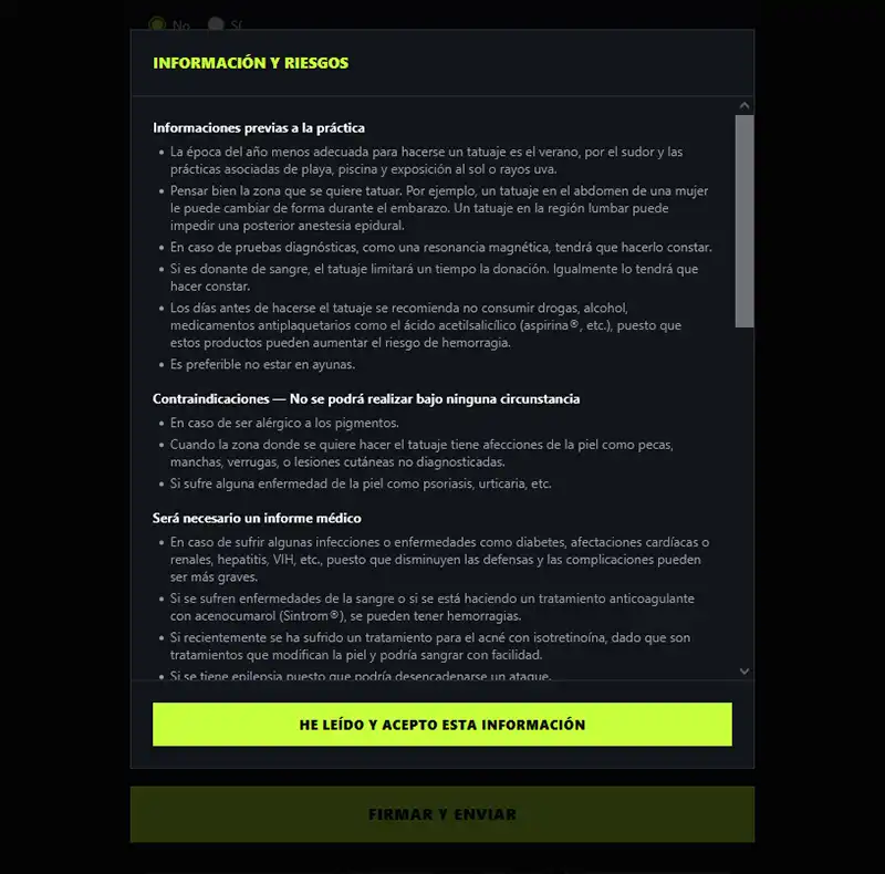 Pantalla de informacion de consentimientos informados para tatuaje