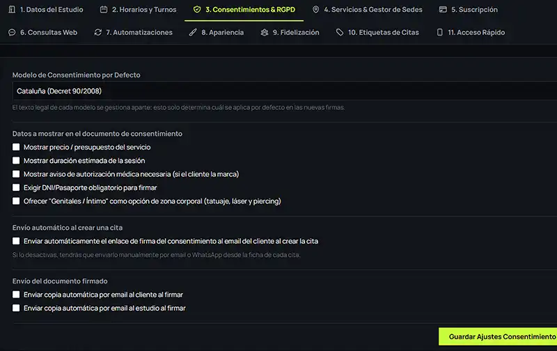 Pantalla de configuracion de los consentimientos informados para estudios.