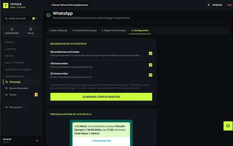 Avisos de citas a clientes por whatsapp en Tatuica gestion de estudios de tatuajes y piercing